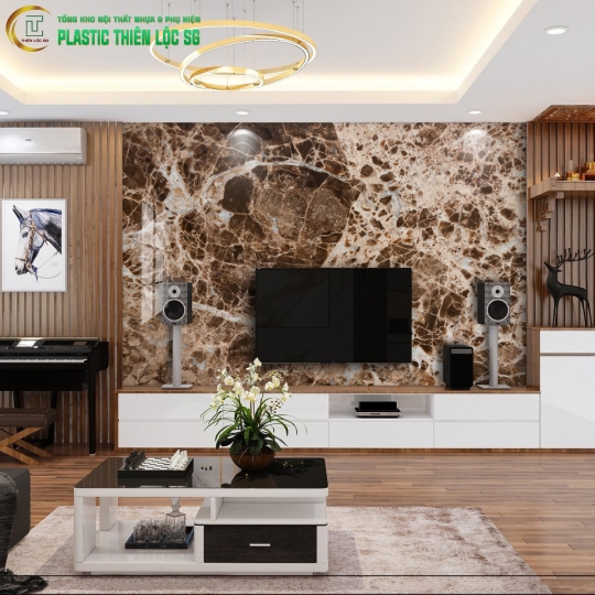 Tranh Vân Đá Ceramic Vách Tivi Vân Đá Nâu Vàng